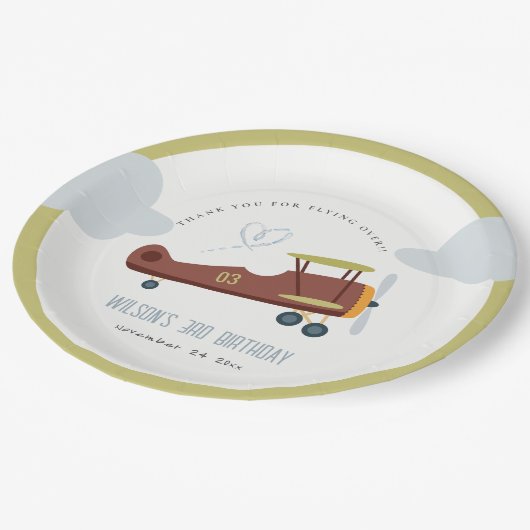 Cute Rust Green Blue Biplane Cloud Heart Birthday Papieren Bordje (Gekanteld)