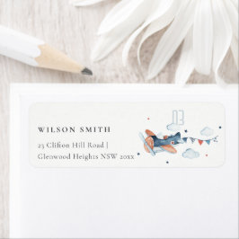 Cute Rust Navy Kind Plane Clouds Stars Adres Etiket