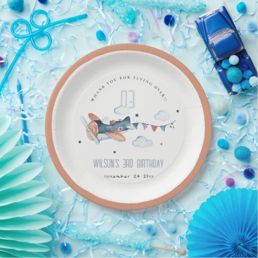 Cute Rust Navy Kinder Plane Stars Sky Cloud Birthd Papieren Bordje (Feest)