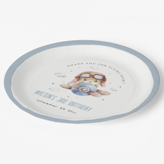 Cute Rust Navy Kinder Plane Stars Sky Teddy Birthd Papieren Bordje (Gekanteld)