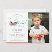 Cute Rust Navy Plane Cloud Photo Birthday Invite Bedankkaart (Voorkant)