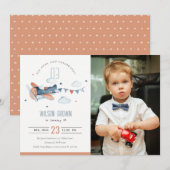 Cute Rust Navy Plane Cloud Photo Birthday Invite Bedankkaart (Voorkant / Achterkant)