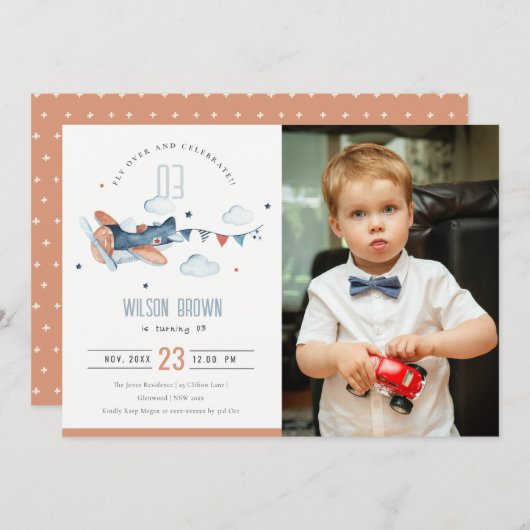 Cute Rust Navy Plane Cloud Photo Birthday Invite Bedankkaart (Voorkant / Achterkant)