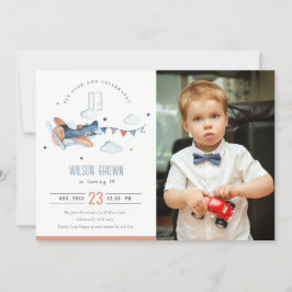 Cute Rust Navy Plane Cloud Photo Birthday Invite Bedankkaart
