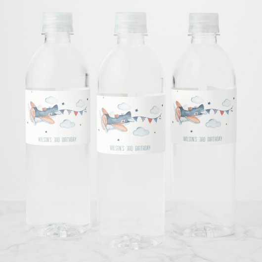 Cute Rust Navy Plane Cloud Stars Kinderen Birthday Waterfles Etiket (Flessen)