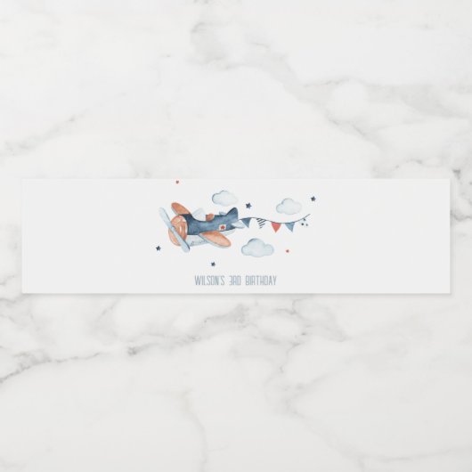 Cute Rust Navy Plane Cloud Stars Kinderen Birthday Waterfles Etiket (Enkel label)