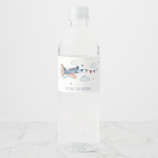 Cute Rust Navy Plane Cloud Stars Kinderen Birthday Waterfles Etiket (Voorkant)