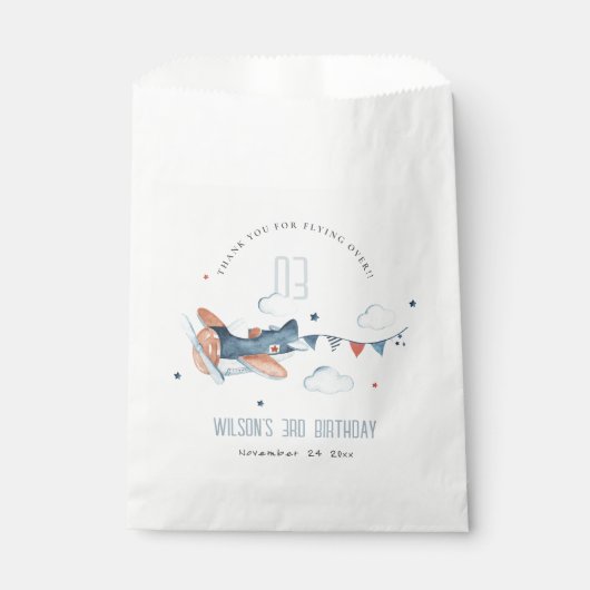 Cute Rust Navy Plane Cloud Stars Sky Birthday Bedankzakje (Voorkant)