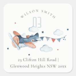 Cute Rust Navy Plane Clouds Stars Sky Adres Vierkante Sticker