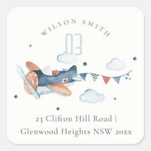 Cute Rust Navy Plane Clouds Stars Sky Adres Vierkante Sticker