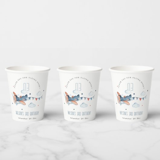 Cute Rust Navy Plane Garland Cloud Stars Birthday Papieren Bekers (Multi)