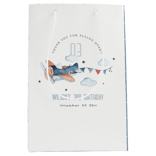 Cute Rust Navy Plane Garland Star Cloud Birthday Medium Cadeauzakje (Voorkant)