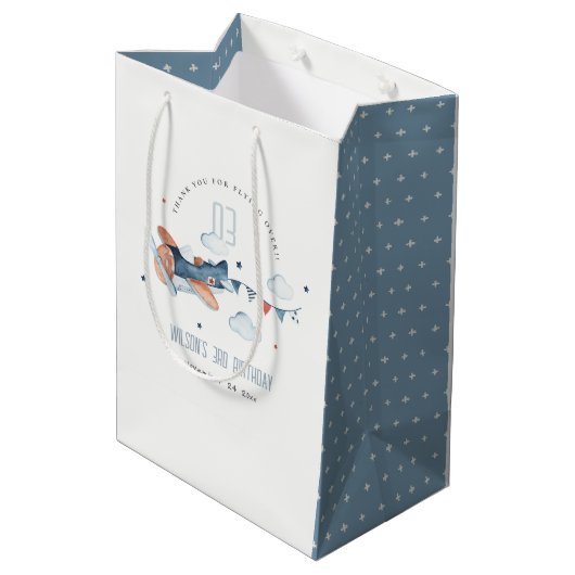 Cute Rust Navy Plane Garland Star Cloud Birthday Medium Cadeauzakje (Achterkant Gekanteld)