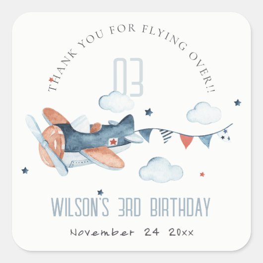 Cute Rust Navy Plane Garland Stars Cloud Birthday Vierkante Sticker (Voorkant)