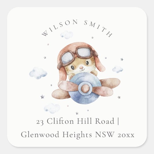 Cute Rust Navy Plane Teddy Cloud Stars Sky Adres Vierkante Sticker (Voorkant)