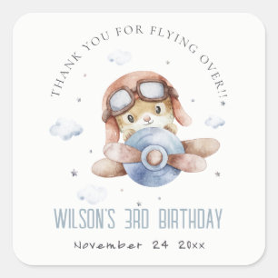 Cute Rust Navy Plane Teddy Stars Cloud Birthday Vierkante Sticker