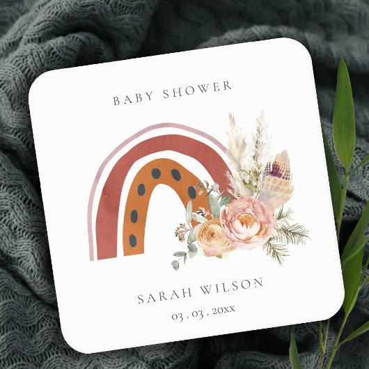 Cute Rust Oranje Boho Floral Rainbow Baby shower Kartonnen Onderzetters
