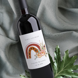 Cute Rust Oranje Boho Floral Rainbow Baby shower Wijn Etiket