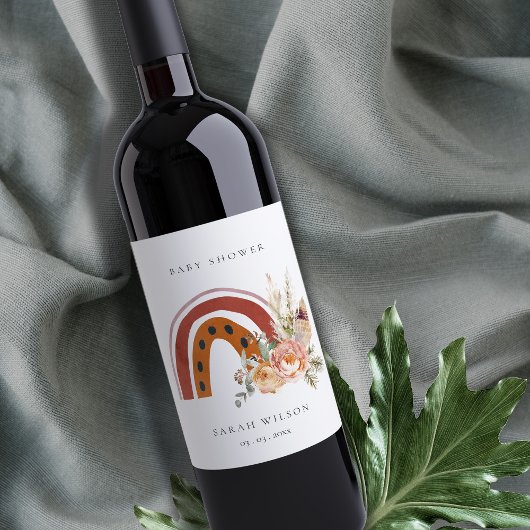 Cute Rust Oranje Boho Floral Rainbow Baby shower Wijn Etiket