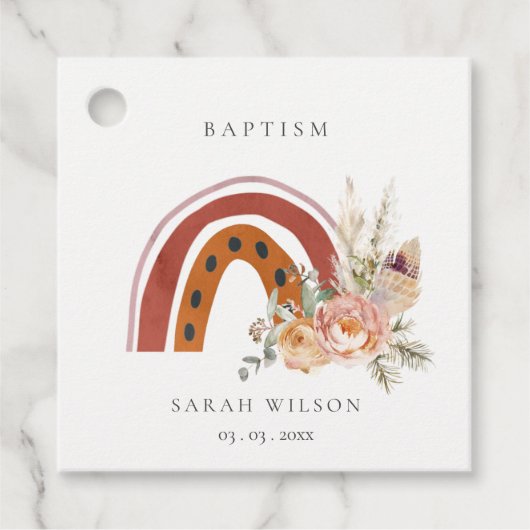 Cute Rust Oranje Boho Floral Rainbow Cross Baptism Bedankjes Labels (Voorkant)
