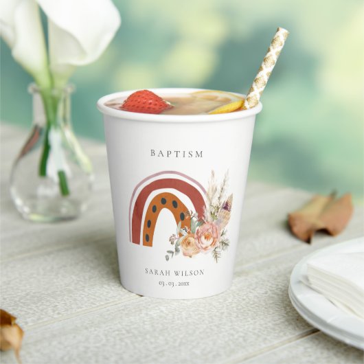 Cute Rust Oranje Boho Floral Rainbow Cross Baptism Papieren Bekers (Insitu)