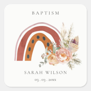 Cute Rust Oranje Boho Floral Rainbow Cross Baptism Vierkante Sticker
