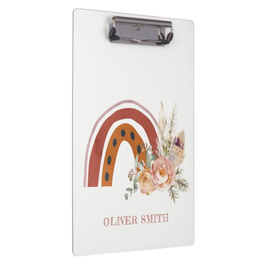 Cute Rust Oranje Boho Floral Rainbow Waterverf Klembord (Rechts)