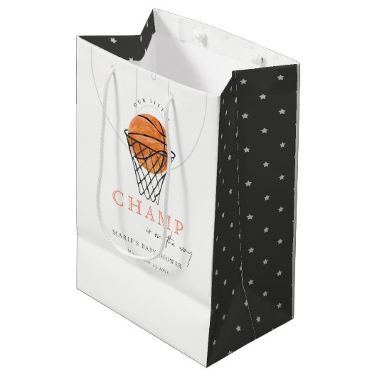 Cute Rust Our Little Champ Basketball Baby shower Medium Cadeauzakje (Voorkant Gekanteld)