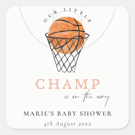 Cute Rust Our Little Champ Basketball Baby shower Vierkante Sticker (Voorkant)