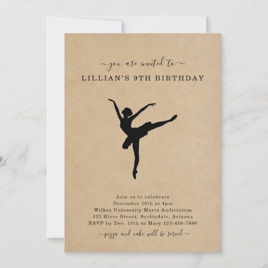 Cute Rustic Ballet Dancing Birthday Invitation Kaart (Voorkant)