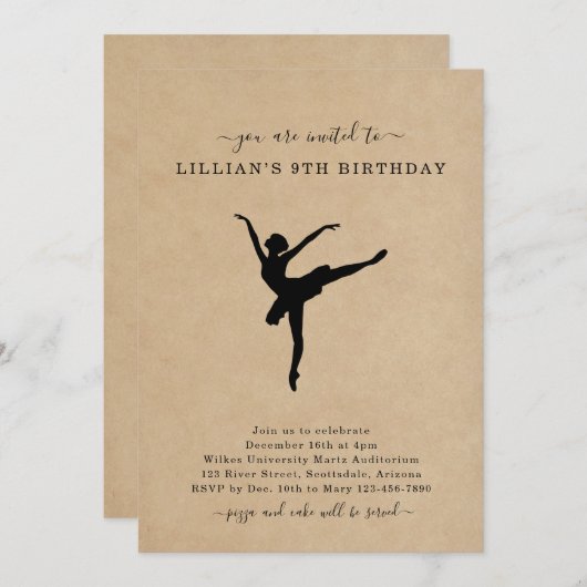 Cute Rustic Ballet Dancing Birthday Invitation Kaart (Voorkant / Achterkant)
