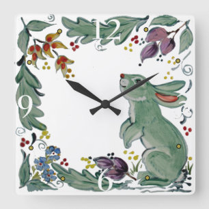 Cute Rustic Blauwgroen konijn Bunny Floral Folk Ti Vierkante Klok