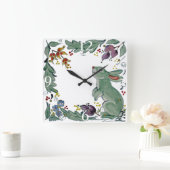 Cute Rustic Blauwgroen Rabbit Bunny Floral Folk Te Vierkante Klok (Huis)