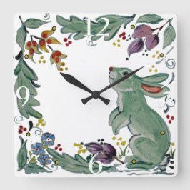 Cute Rustic Blauwgroen Rabbit Bunny Floral Folk Te Vierkante Klok