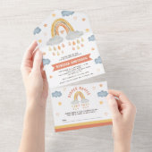 Cute Rustic Boho Rainbow Raindrops Baby shower All In One Uitnodiging (Afscheurbaar)