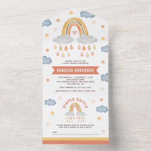 Cute Rustic Boho Rainbow Raindrops Baby shower All In One Uitnodiging (Binnen)