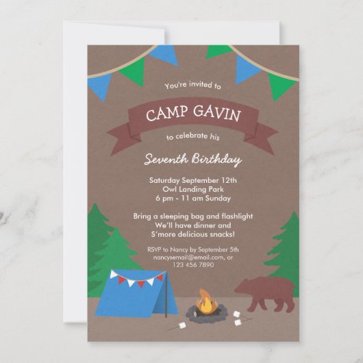 Cute Rustic Camping Birthday Party Kaart (Voorkant)