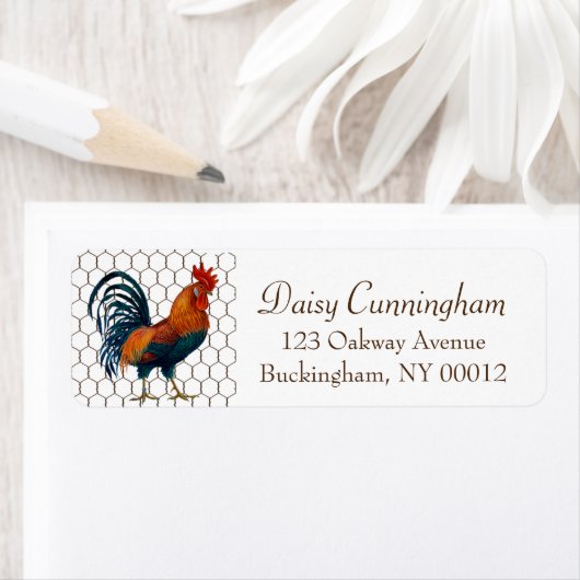 Cute Rustic Country Rooster Chicken Wire Etiket (Insitu)