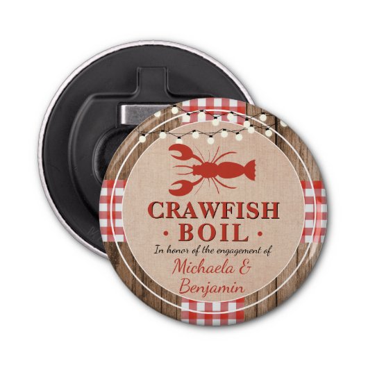 Cute Rustic Crawfish Boil Lobster Party Verloving Button Flesopener (Voorkant)