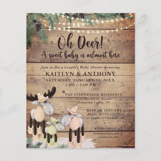 Cute Rustic Deer Couple Baby shower Budget Uitnodi (Voorkant)