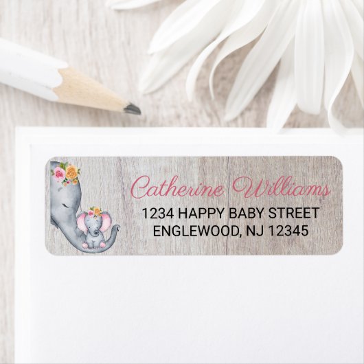 Cute Rustic Elephant Floral Baby shower Etiket (Insitu)