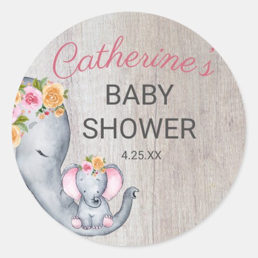 Cute Rustic Elephant Girl Baby shower Ronde Sticker (Voorkant)