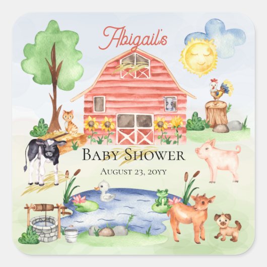 Cute Rustic Farm Animals Barnyard Baby shower Vierkante Sticker (Voorkant)