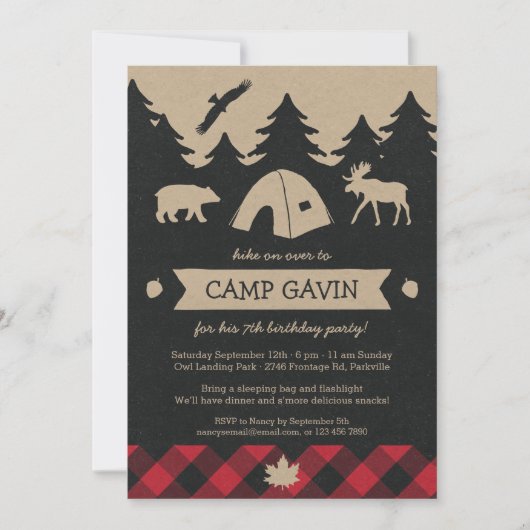 Cute Rustic Flannel Camping Birthday Party nodigt  Kaart (Voorkant)