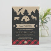Cute Rustic Flannel Camping Birthday Party nodigt  Kaart (Staand voorkant)