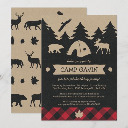 Cute Rustic Flannel Camping Birthday Party nodigt  Kaart (Voorkant / Achterkant)