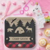 Cute Rustic Flannel Camping Birthday Party Papieren Bordje (Feest)