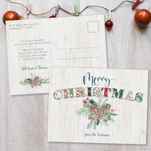 Cute Rustic Floral Merry kerst Typografie Briefkaart