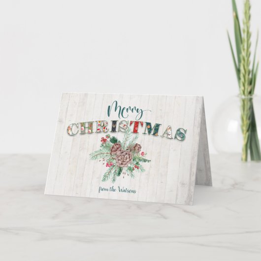 Cute Rustic Floral Merry kerst Typografie Feestdagen Kaart (Voorkant)