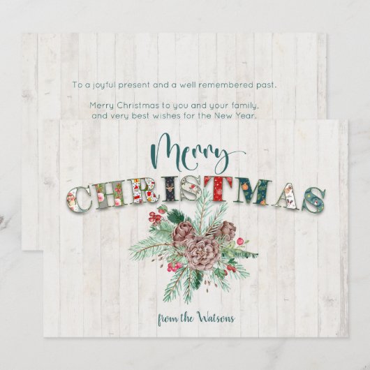 Cute Rustic Floral Merry kerst Typografie Feestdagenkaart (Voorkant / Achterkant)